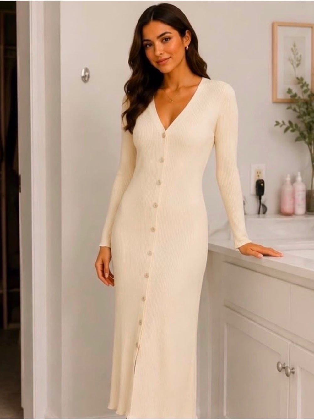 V-Neck Cream Ribbed Button-Front Long Sleeve Maxi Dress